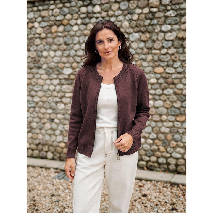 Women's Zip Up Cardigan in Burgundy, front view