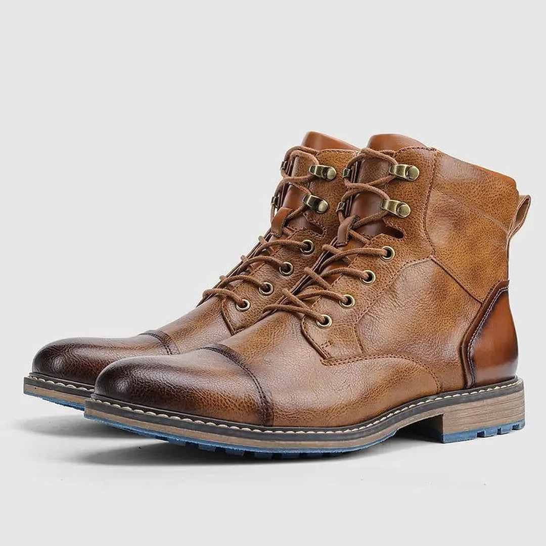 Men's Cap Toe Lace Up Boots in Brown, front view