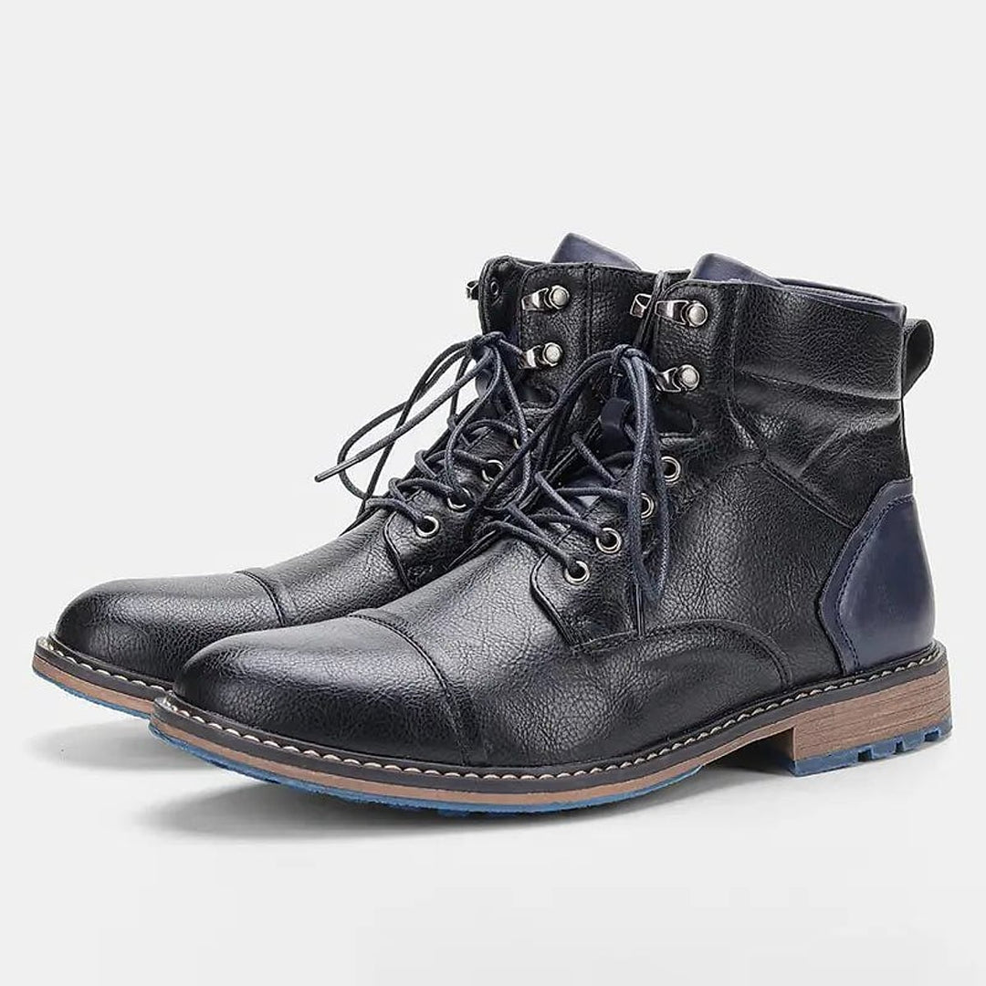 Men's Cap Toe Lace Up Boots in Black, front view