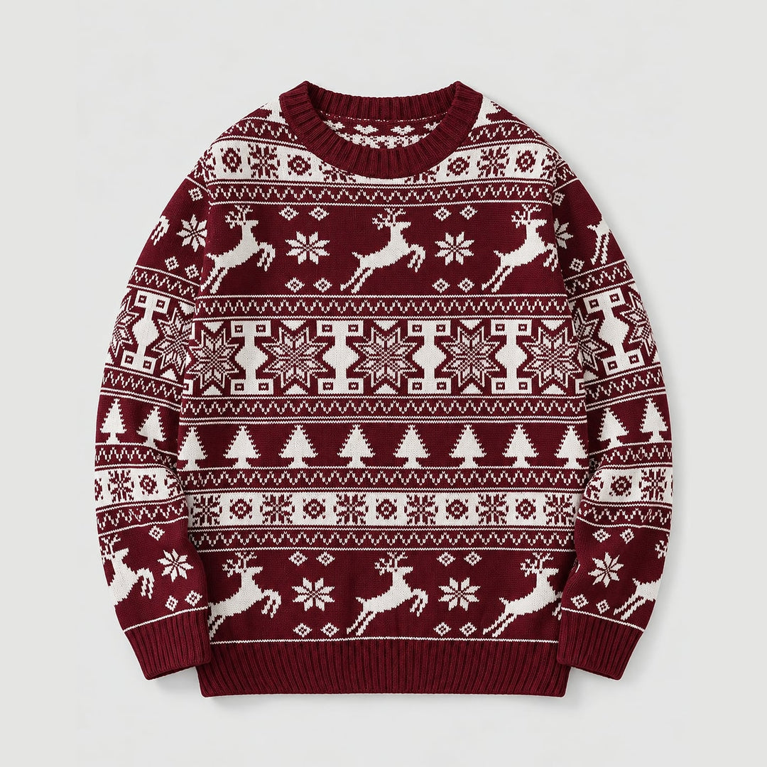 Women's Fair Isle Christmas Sweater in Burgundy, front view