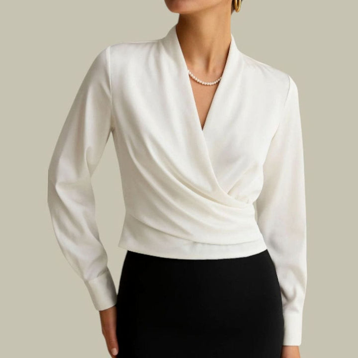 Women’s Satin Wrap Blouse in White, front view