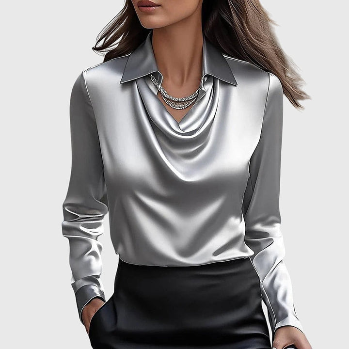 Women's Cowl Neck Long Sleeve Top in Silver, front view