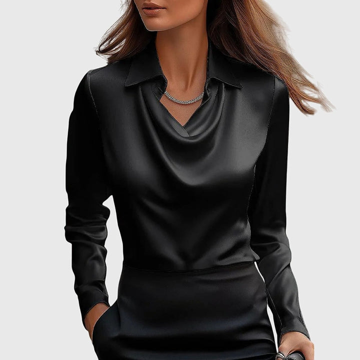 Women's Cowl Neck Long Sleeve Top in Black, front view