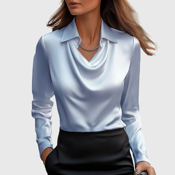 Women's Cowl Neck Long Sleeve Top in Light Blue, front view