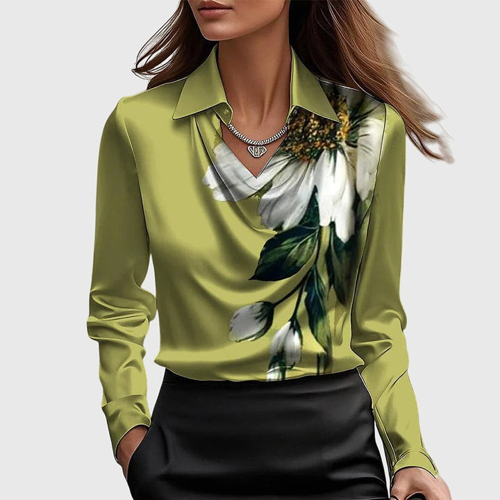 Women's Cowl Neck Long Sleeve Top in Green, front view