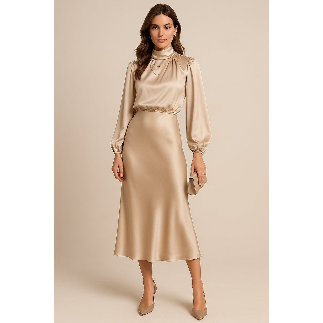 Women's High Neck Midi Dress in Beige, front view
