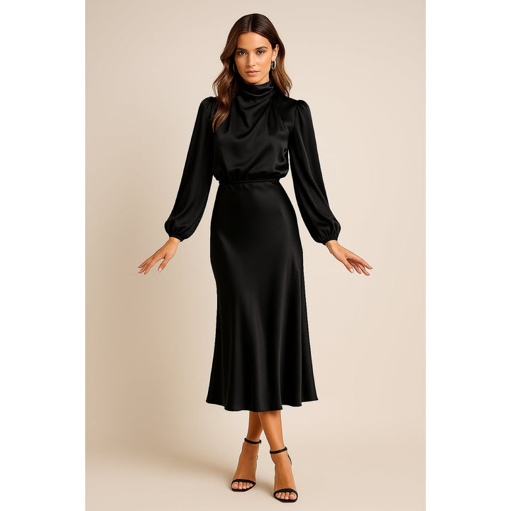 Women's High Neck Midi Dress in Black, front view