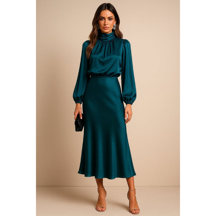 Women's High Neck Midi Dress in Blue, front view