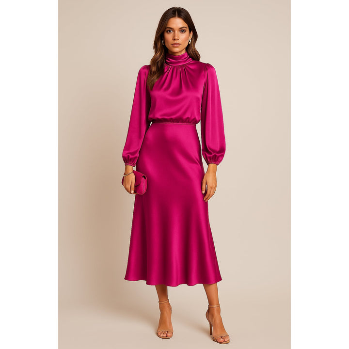 Women's High Neck Midi Dress in Pink, front view