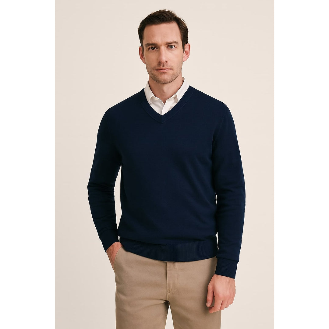 Men's V Neck Sweater in Navy, front view