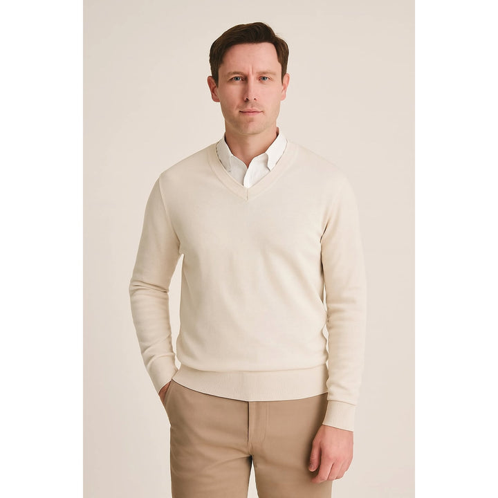 Men's V Neck Sweater in Beige, front view