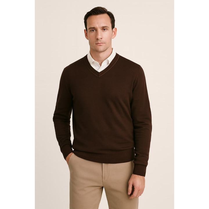 Men's V Neck Sweater in Brown, front view