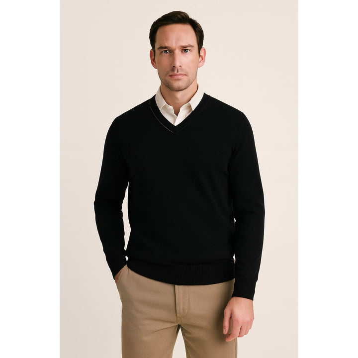 Men's V Neck Sweater in Black, front view
