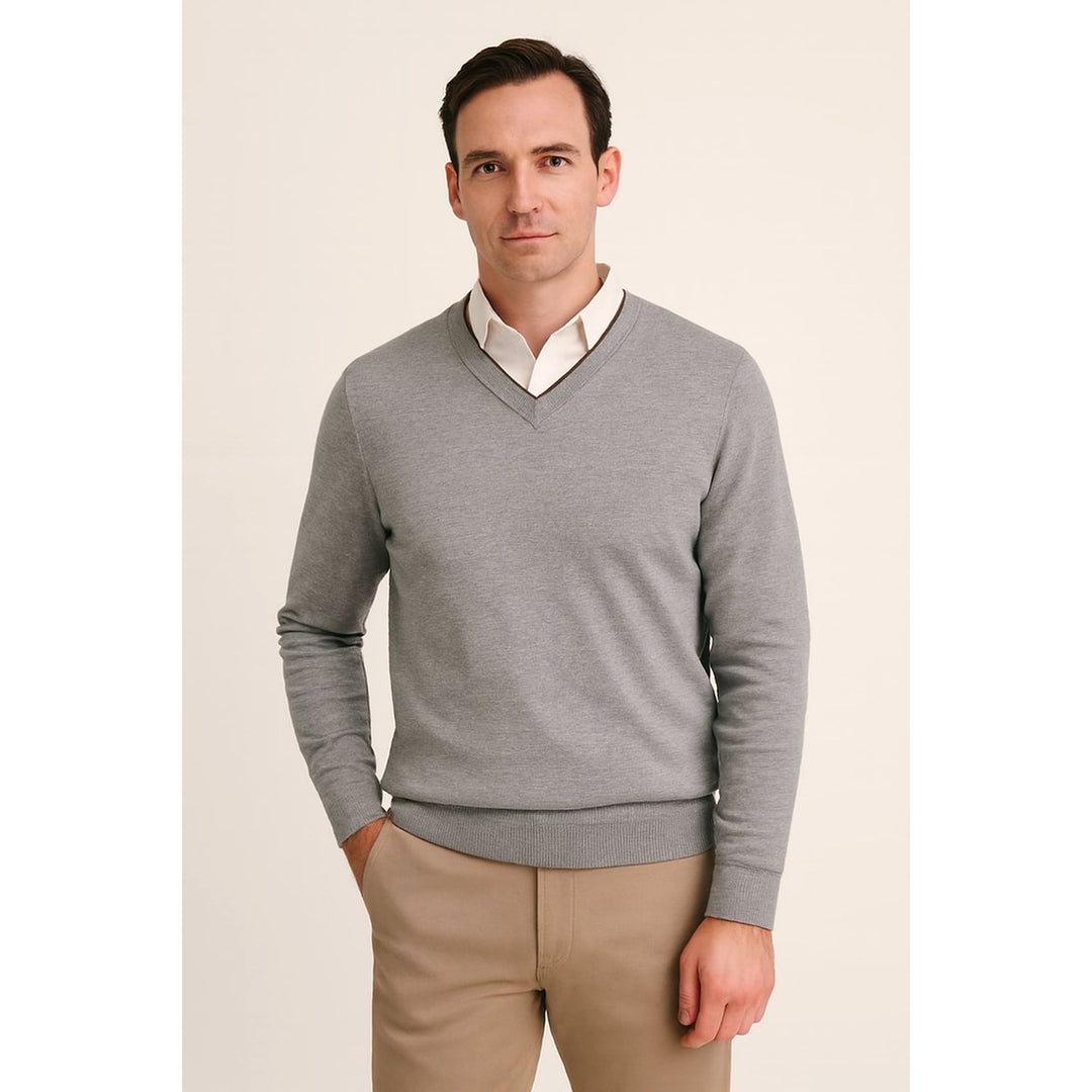 Men's V Neck Sweater in Gray, front view