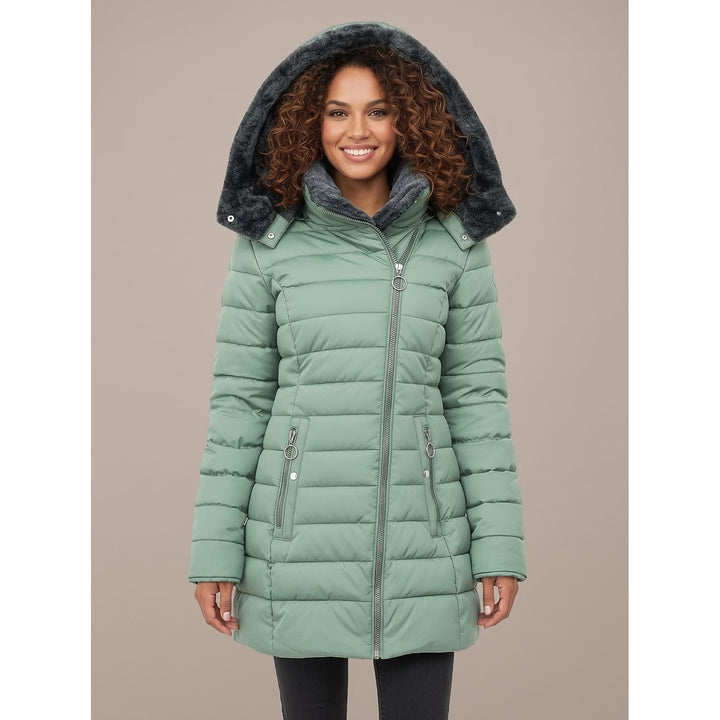 Women's Quilted Jacket with Faux Fur Hood in Light Green, front view