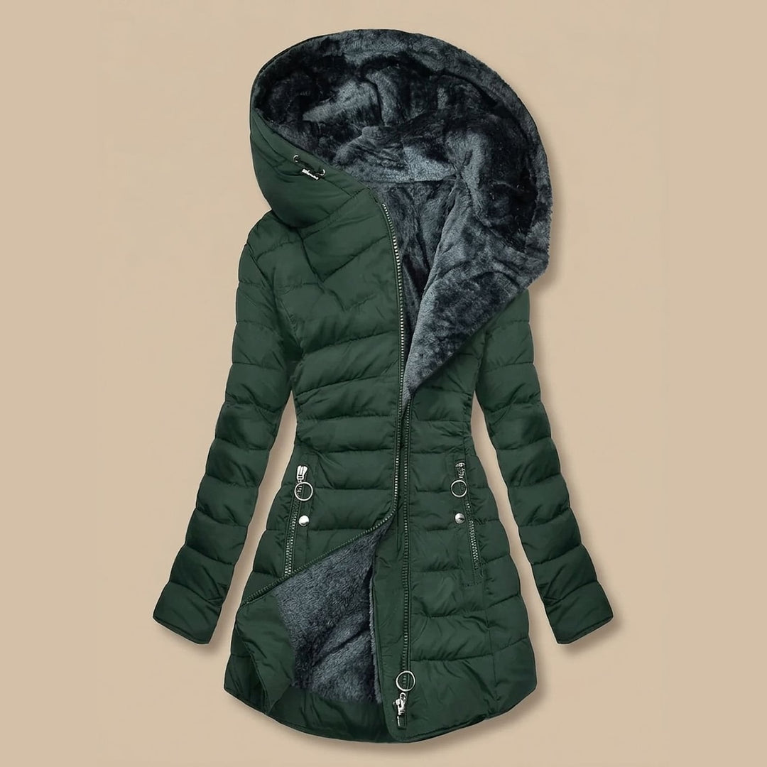 Women's Quilted Jacket with Faux Fur Hood, front view 2