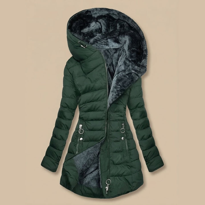 Women's Quilted Jacket with Faux Fur Hood, front view 2