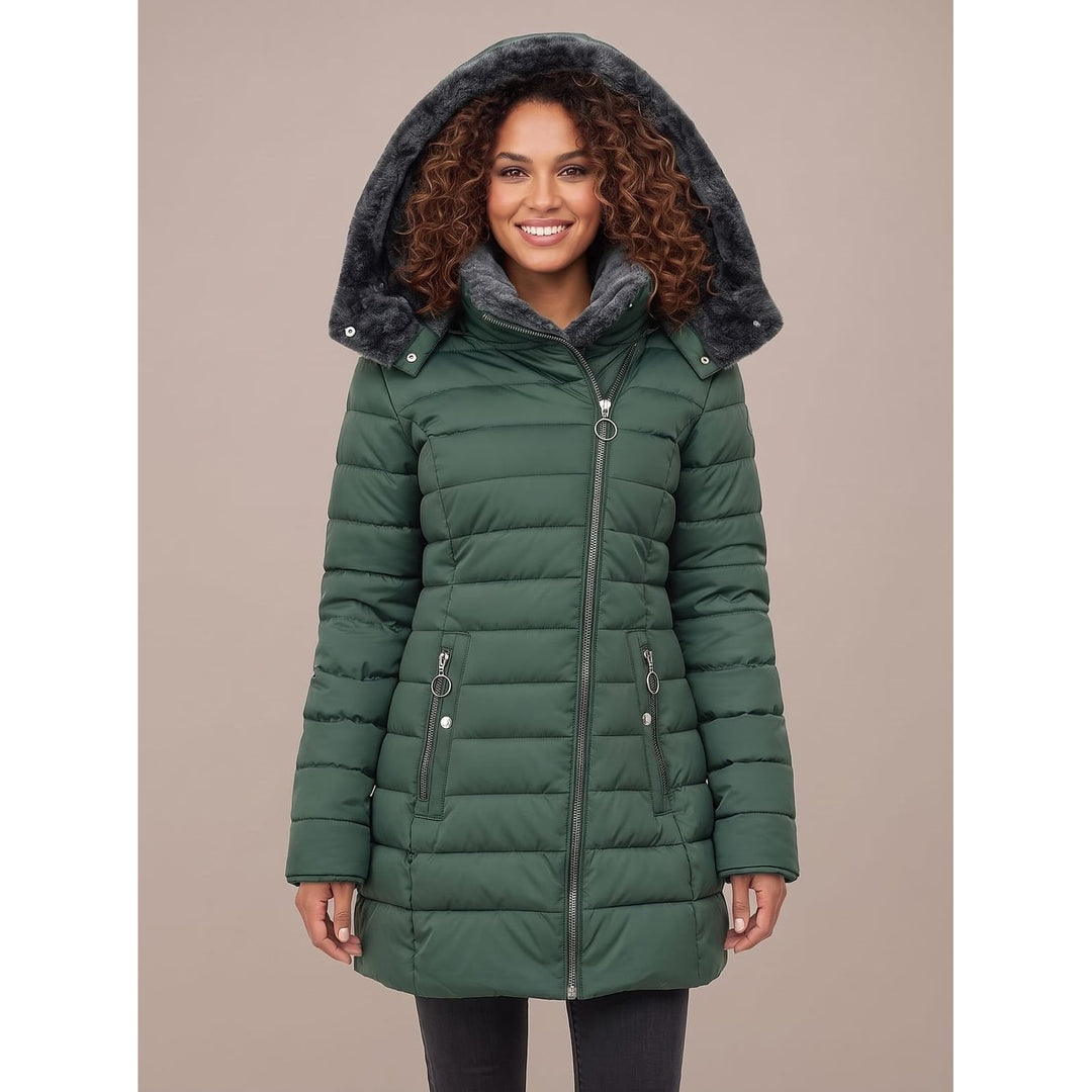 Women's Quilted Jacket with Faux Fur Hood in Dark Green, front view