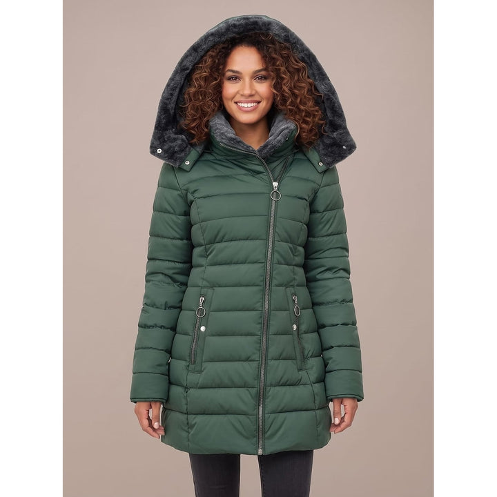 Women's Quilted Jacket with Faux Fur Hood in Dark Green, front view