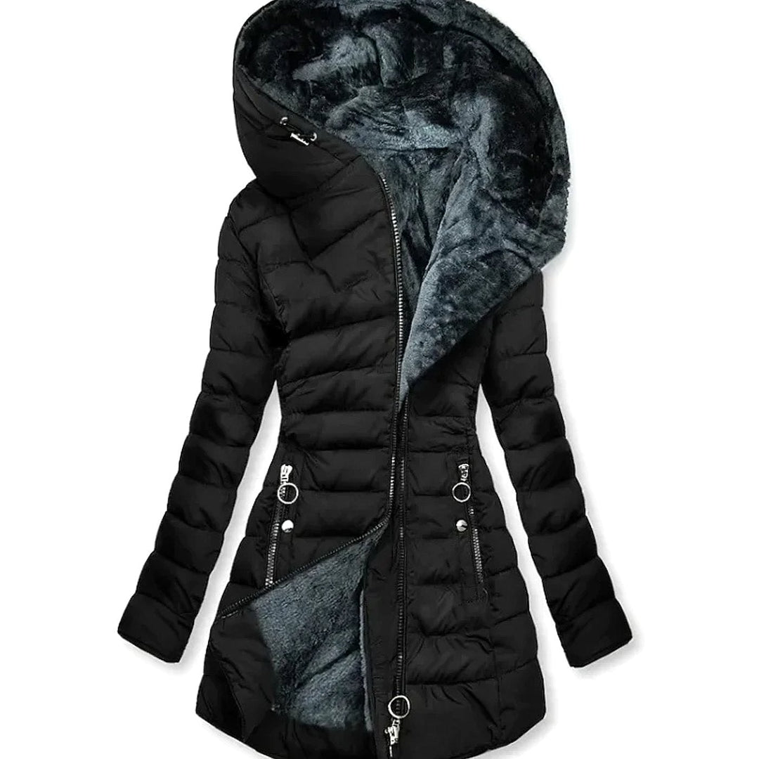 Women's Quilted Jacket with Faux Fur Hood, front view 3