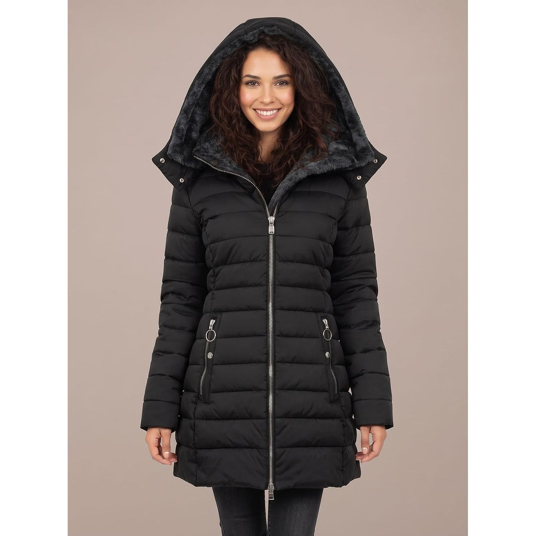 Women's Quilted Jacket with Faux Fur Hood in Black, front view