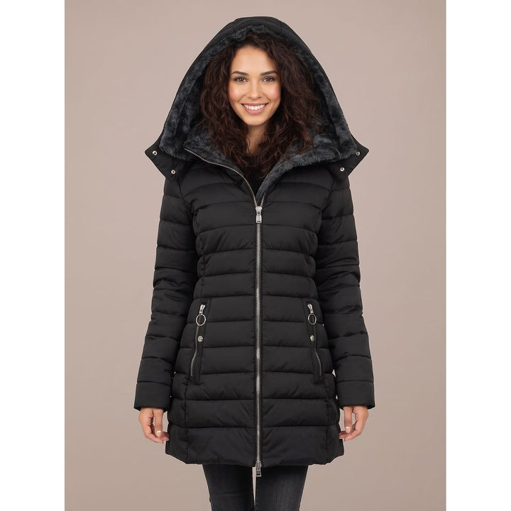 Women's Quilted Jacket with Faux Fur Hood in Black, front view