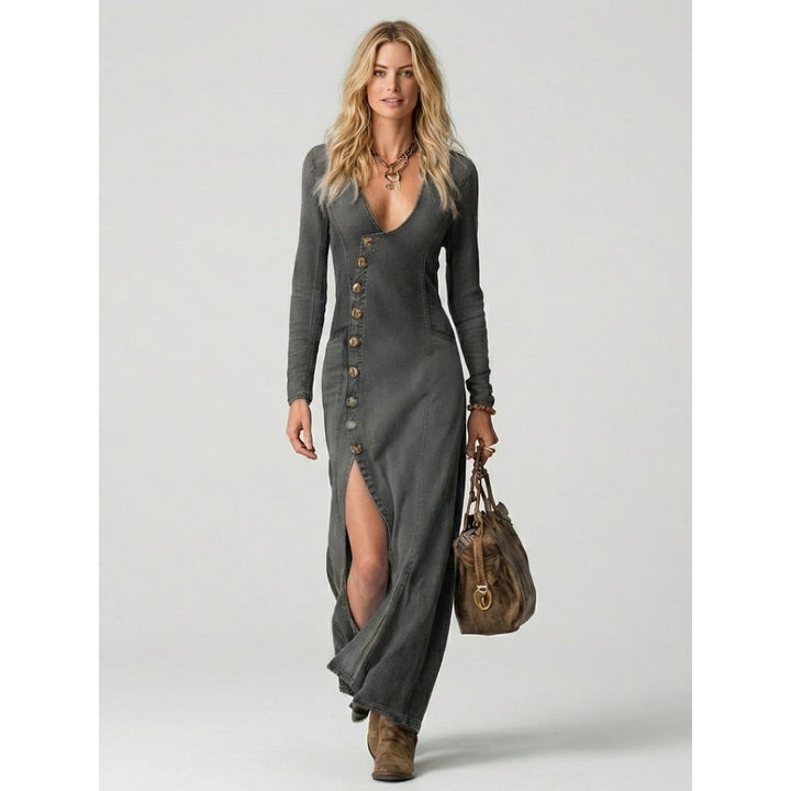 Women's Denim Shirt Dress in Gray, front view
