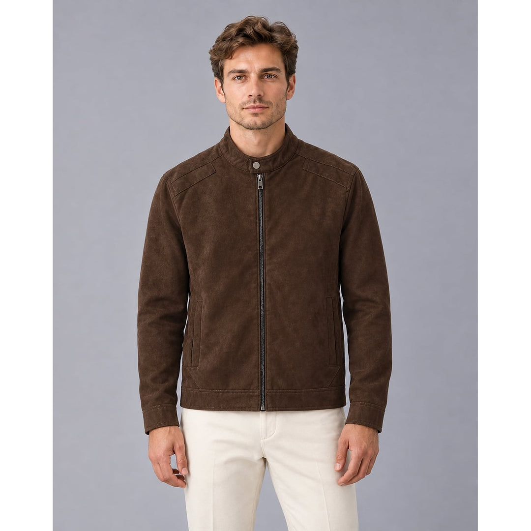 Men's Faux Suede Jacket in Brown, front view