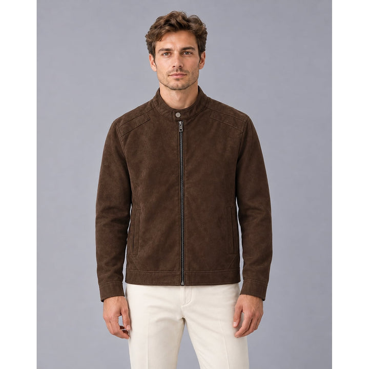 Men's Faux Suede Jacket in Brown, front view