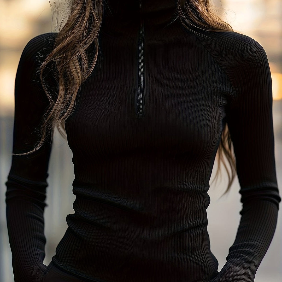 Women's Ribbed Half Zip Top in Black, front view