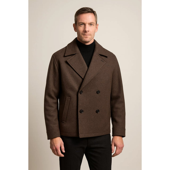 Men's Pea Coat in Dark Brown, front view