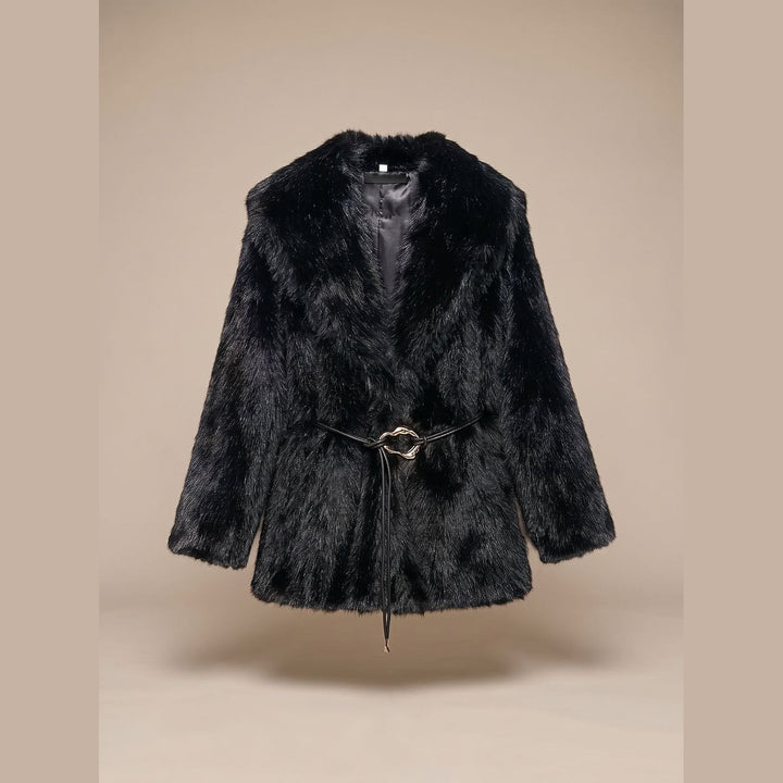 Women's Belted Faux Fur Coat in Black, front view