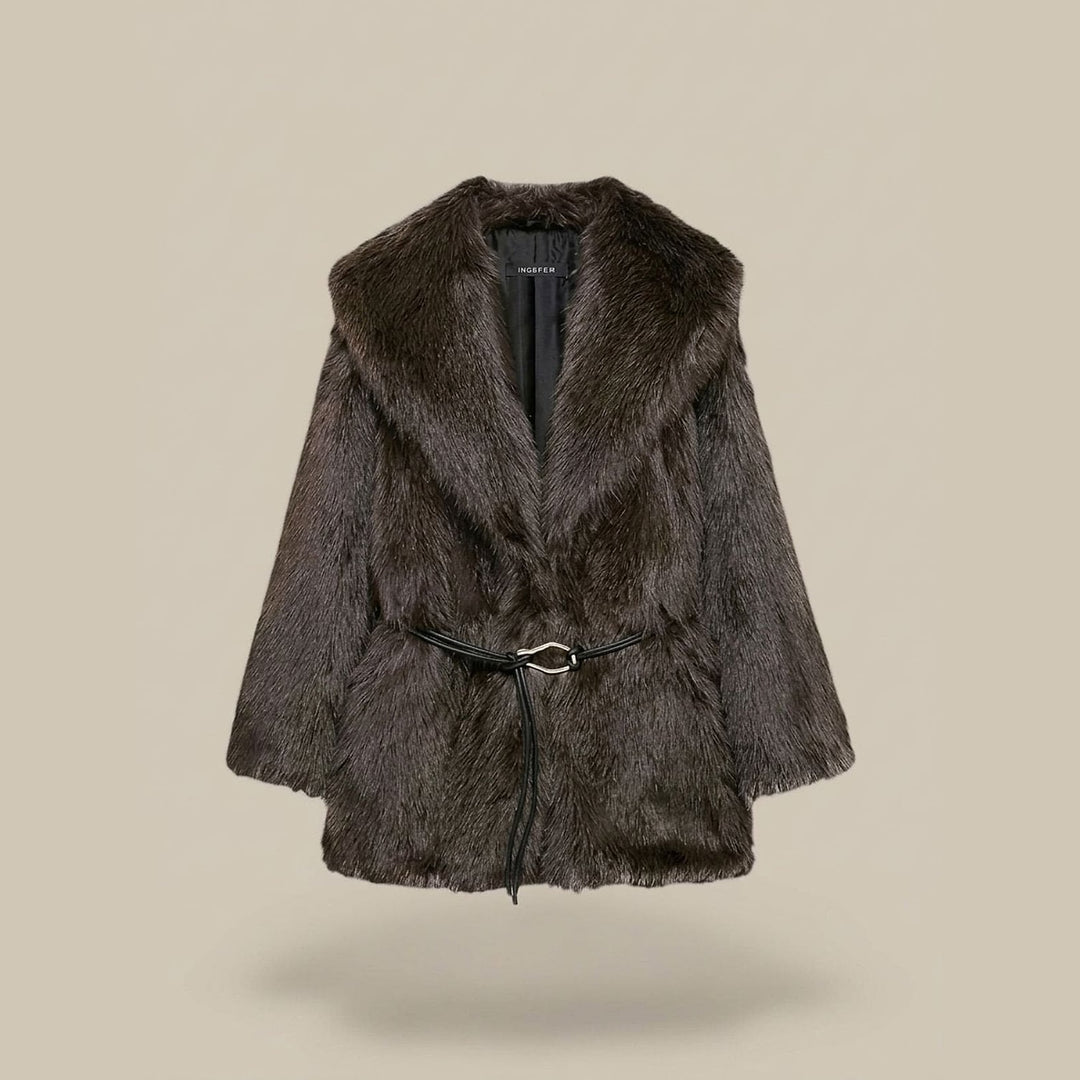 Women's Belted Faux Fur Coat in Dark Brown, front view