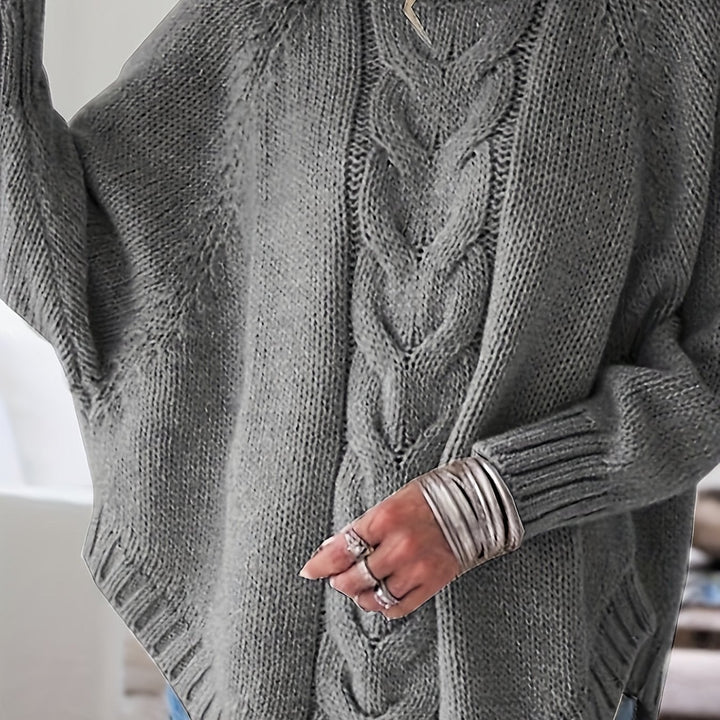 Women's Cable Knit Sweater in Dark Gray, detail view