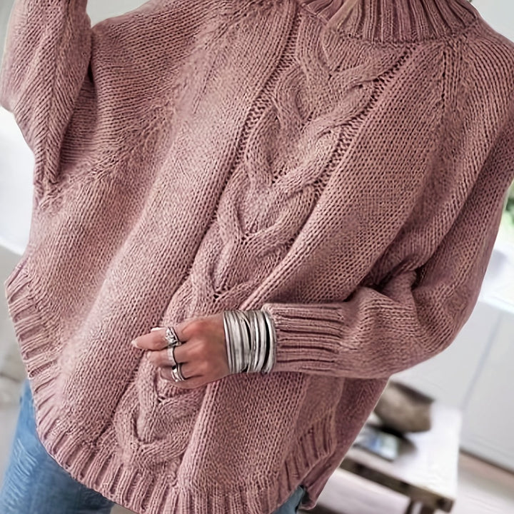 Women's Cable Knit Sweater in Light Gray, detail view