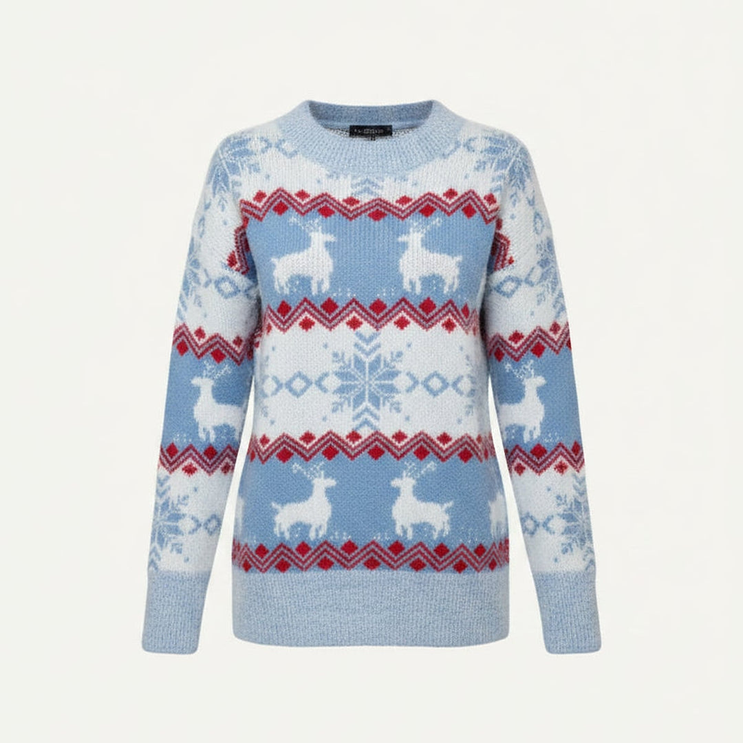 Women's Reindeer Fair Isle Sweater in Light Blue, front view