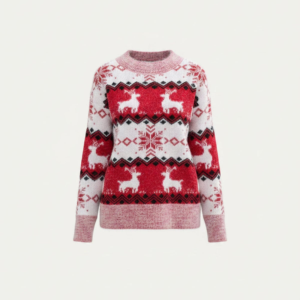 Women's Reindeer Fair Isle Sweater in Red, front view