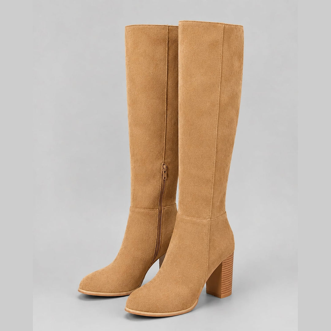 Women's Block Heel Knee High Boots in Khaki, front view