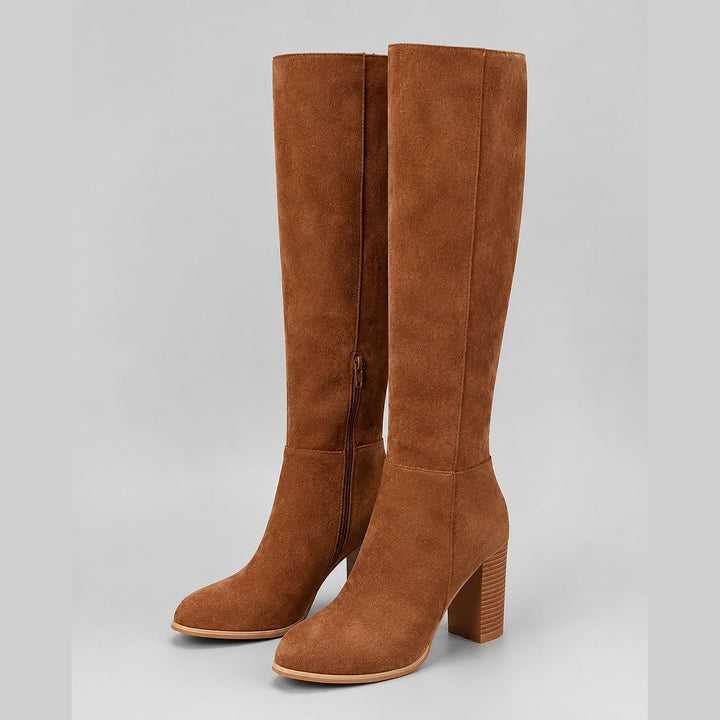 Women's Block Heel Knee High Boots in Brown, front view