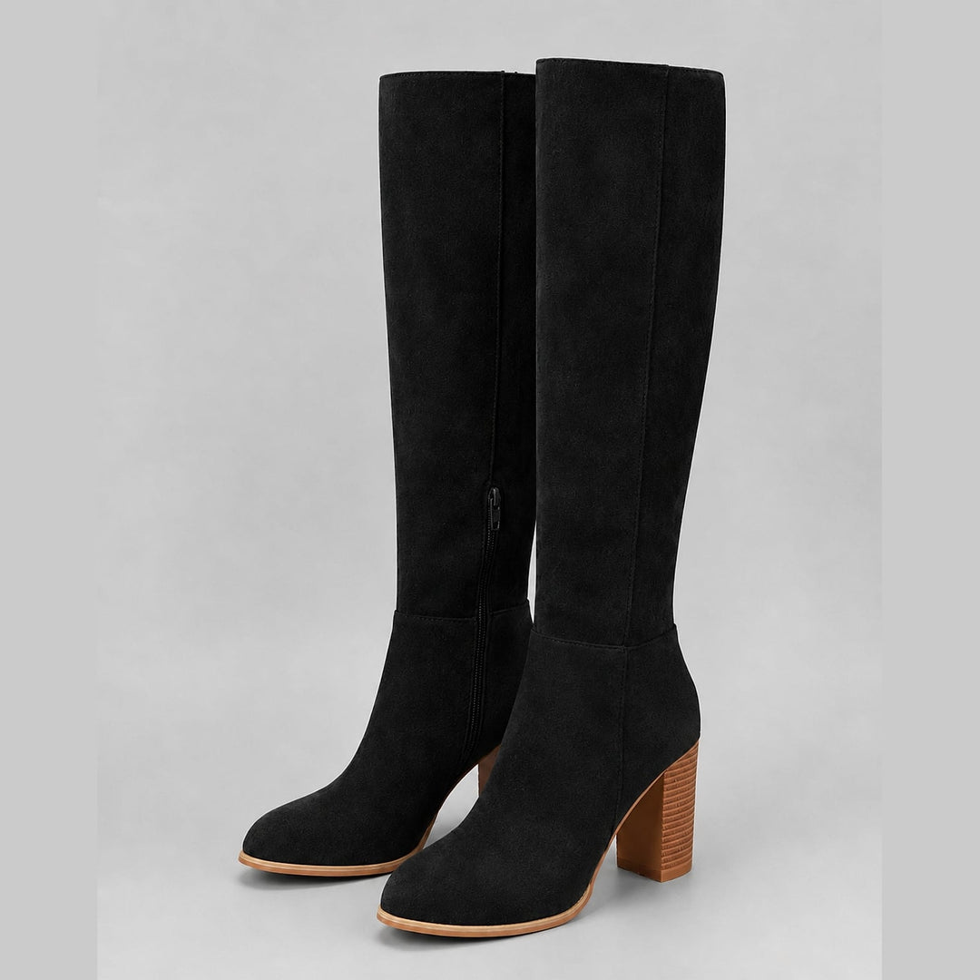 Women's Block Heel Knee High Boots in Black, front view