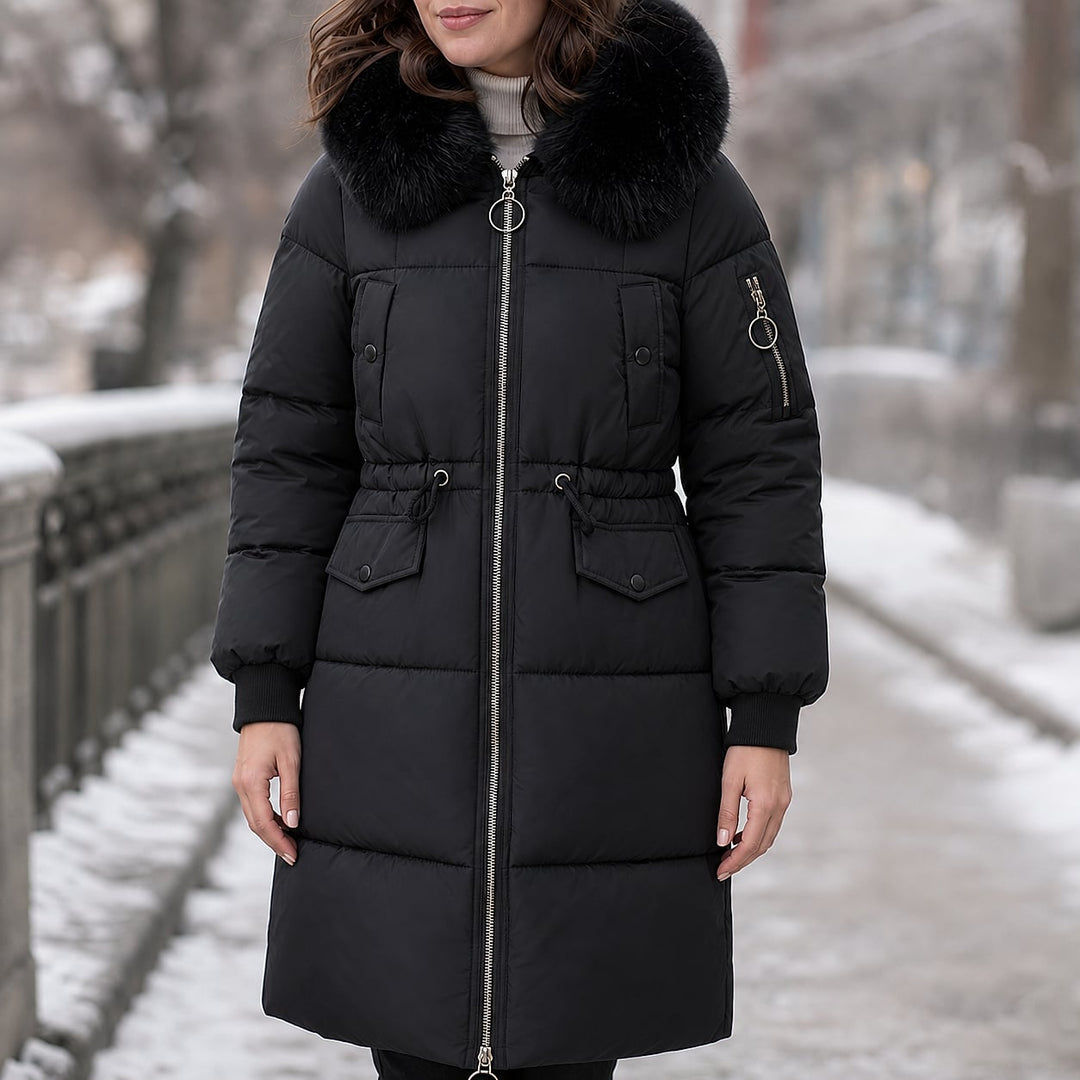 Women's Mid Length Padded Coat in Black, worn view