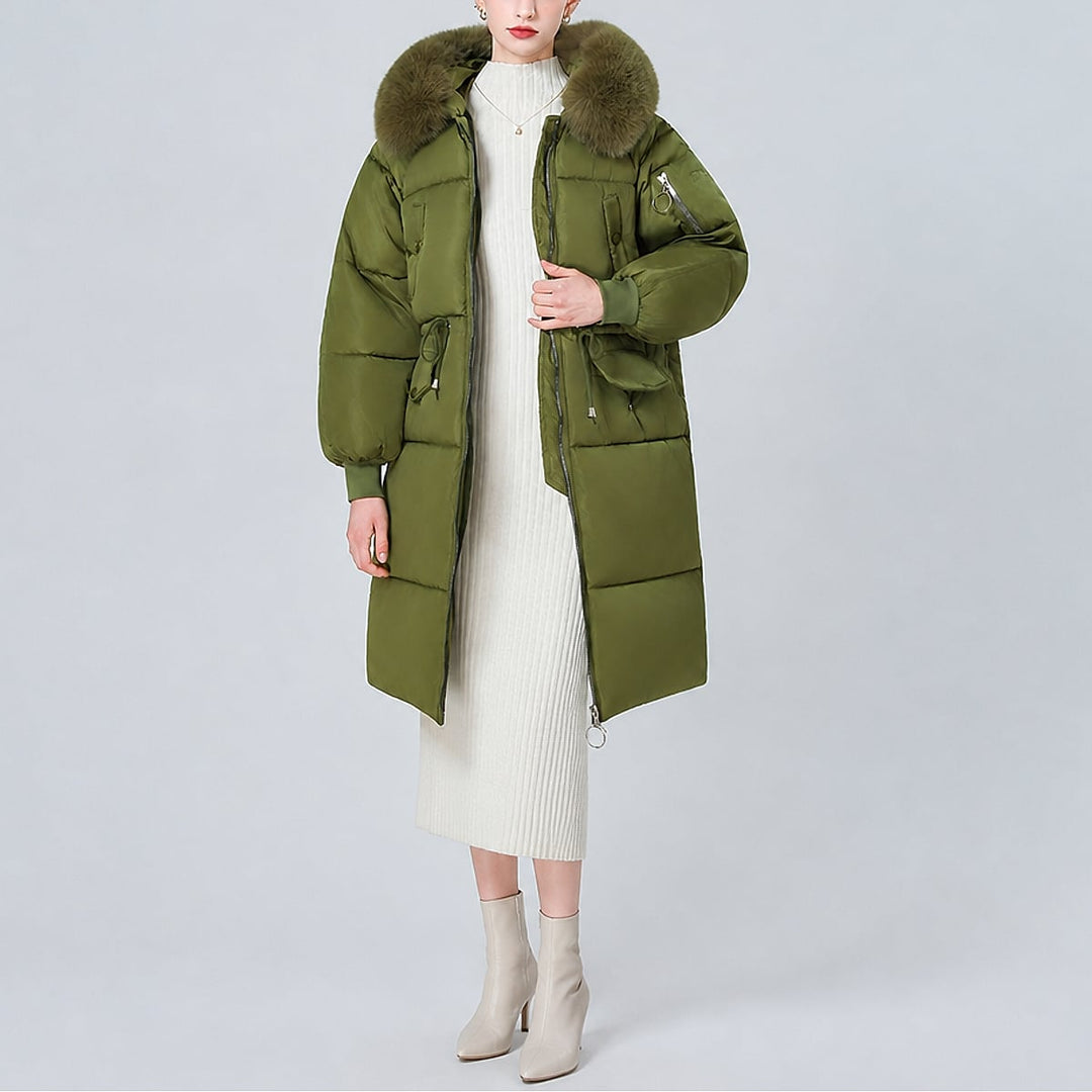 Women's Mid Length Padded Coat in Army Green, front view