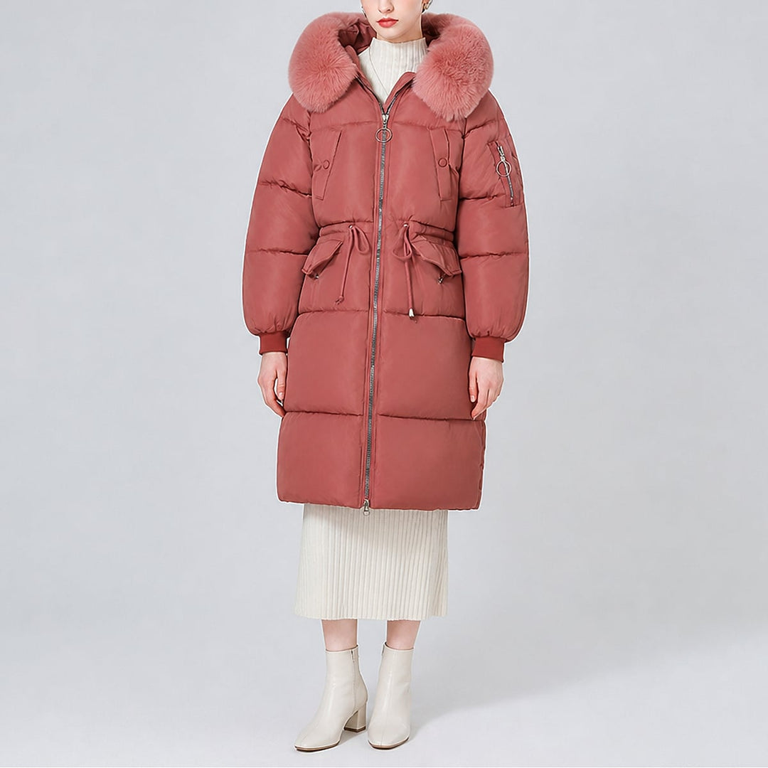 Women's Mid Length Padded Coat in Brick Red, front view