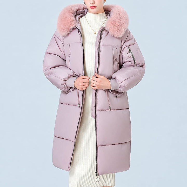 Women's Mid Length Padded Coat in Pink, front view