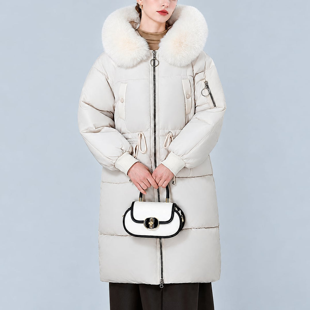 Women's Mid Length Padded Coat in White, front view