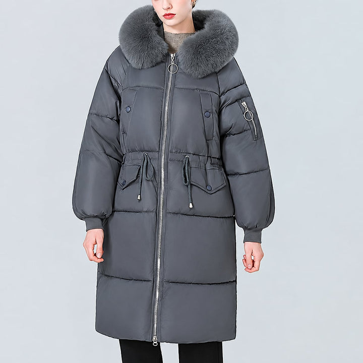 Women's Mid Length Padded Coat in Gray, front view