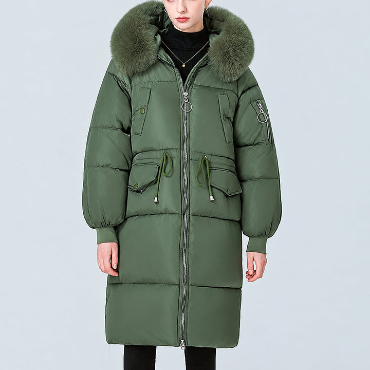 Women's Mid Length Padded Coat in Green, front view