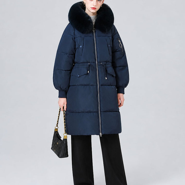 Women's Mid Length Padded Coat in Navy, front view