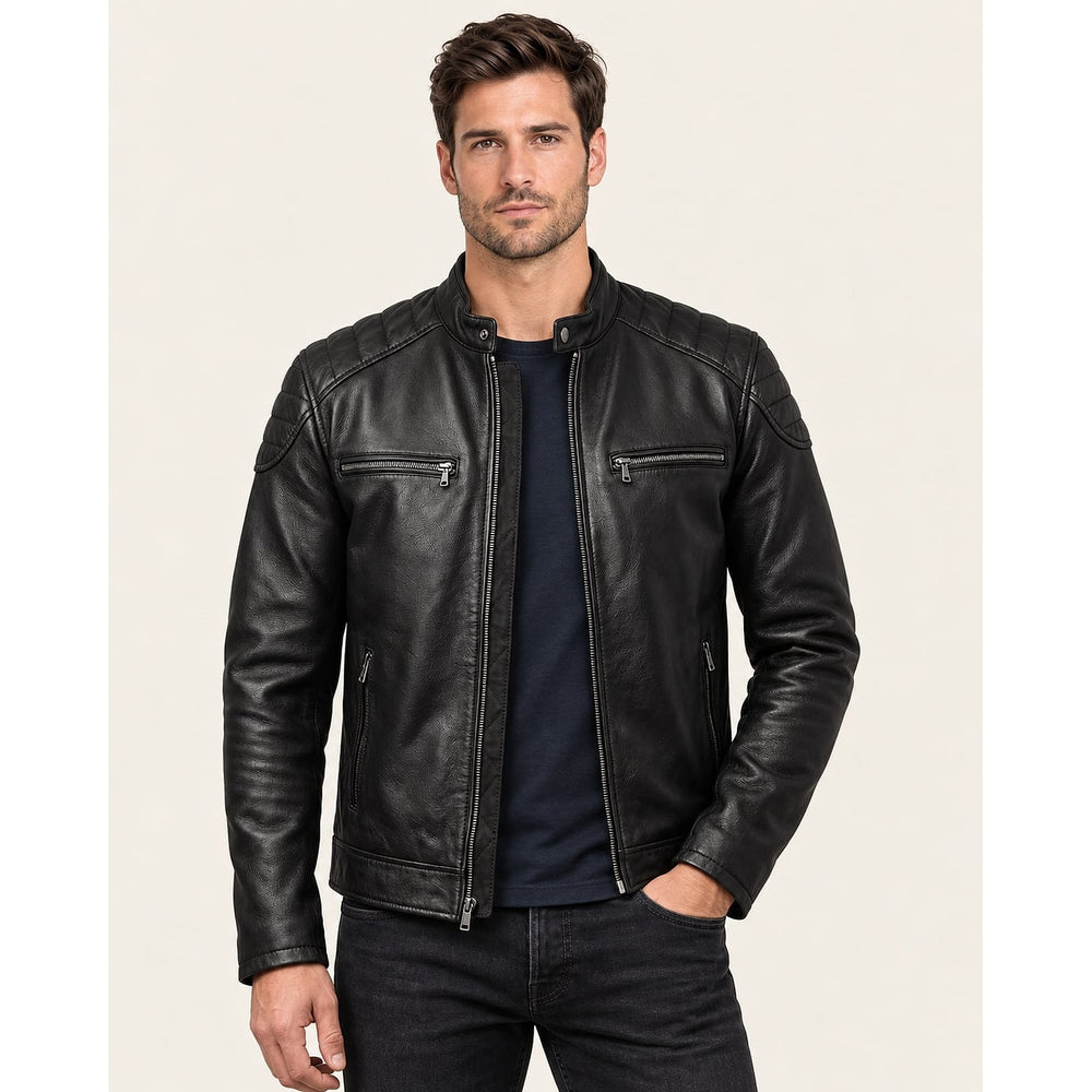 Men's Faux Leather Jacket in Black, front view