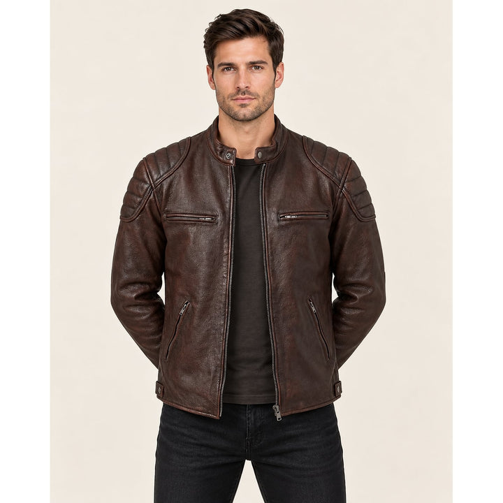 Men's Faux Leather Jacket in Dark Brown, front view